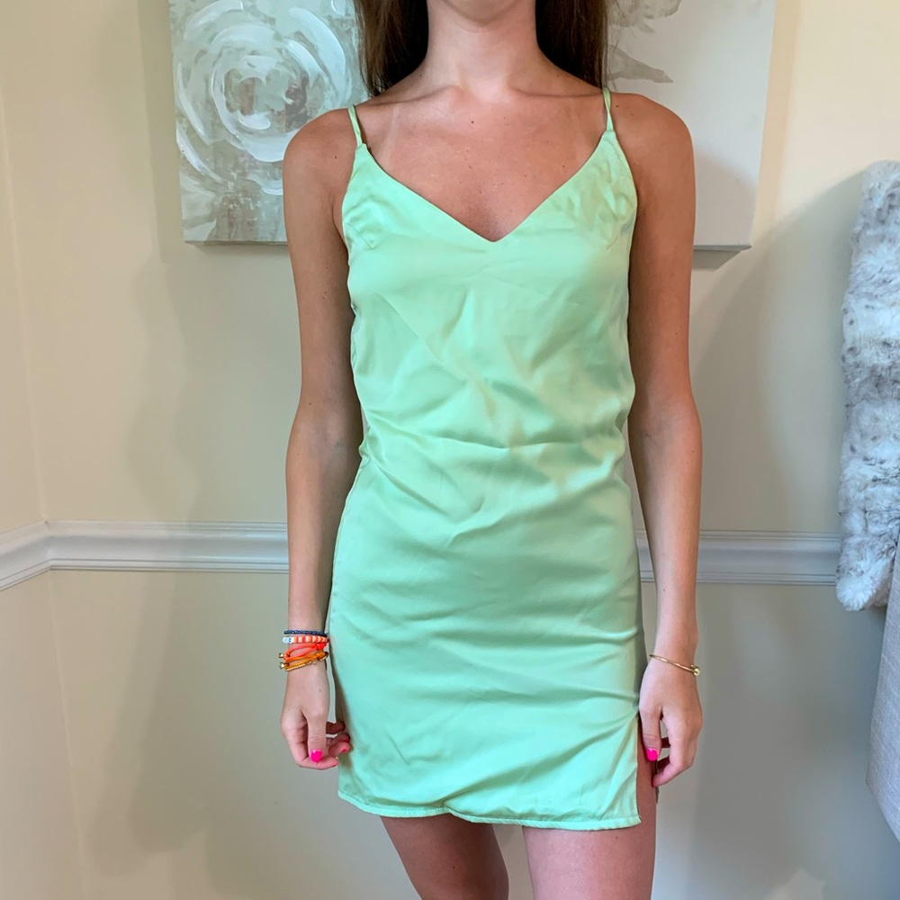 Green silk slip dress